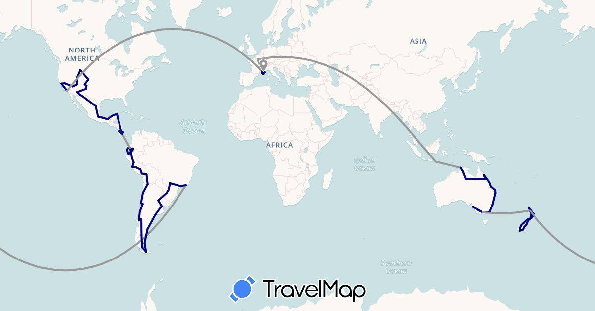 TravelMap itinerary: driving, plane in Argentina, Australia, Bolivia, Brazil, Chile, Costa Rica, Ecuador, France, Indonesia, Mexico, New Zealand, Peru, United States (Asia, Europe, North America, Oceania, South America)